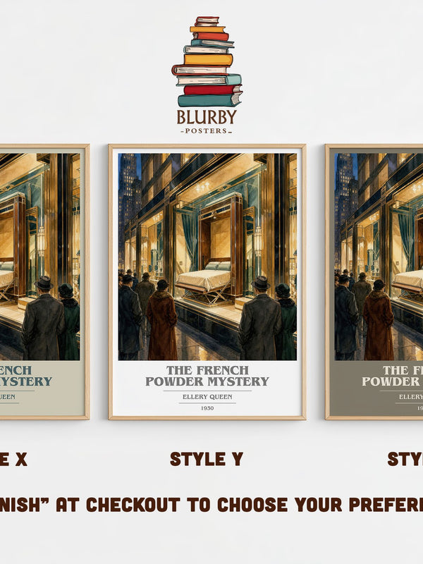 The French Powder Mystery book cover print in frame leaning in hallway – mystery wall art