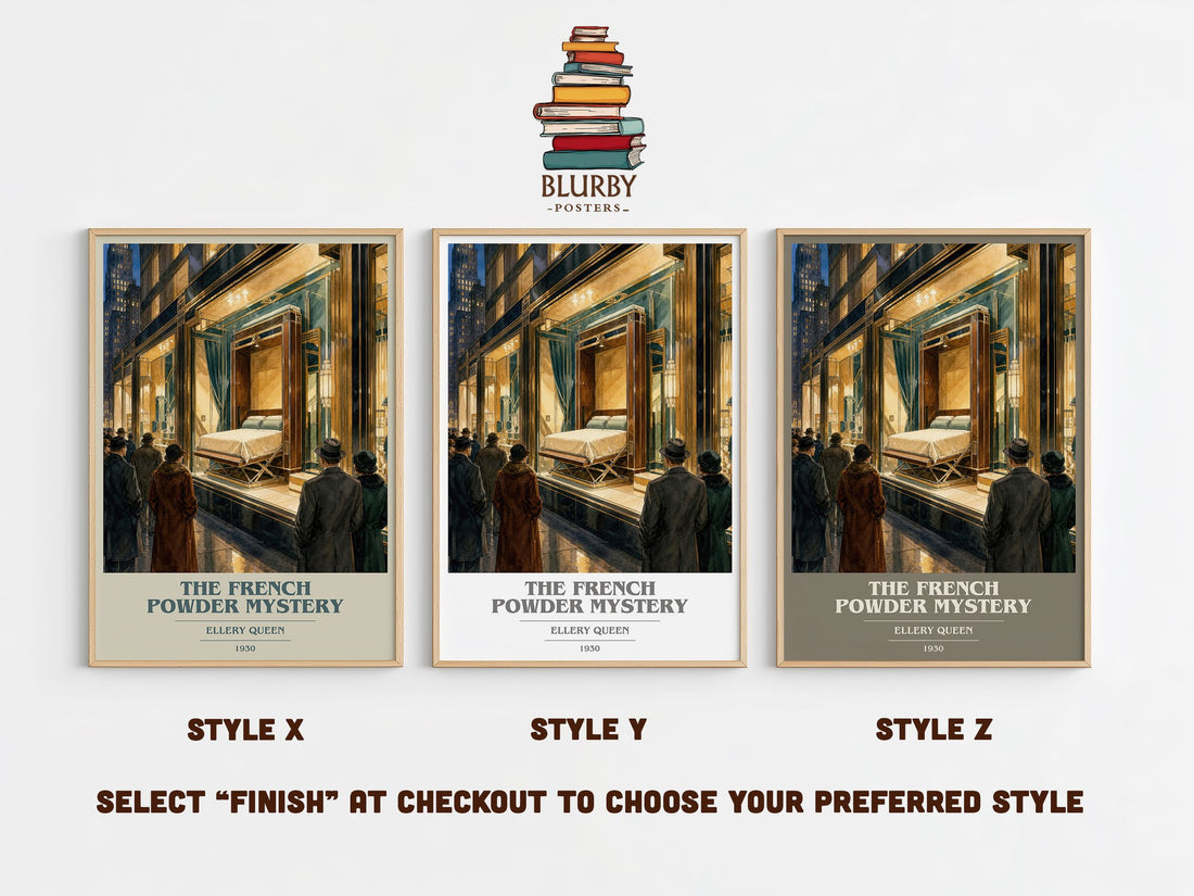 The French Powder Mystery book cover print in frame leaning in hallway – mystery wall art (mockup)