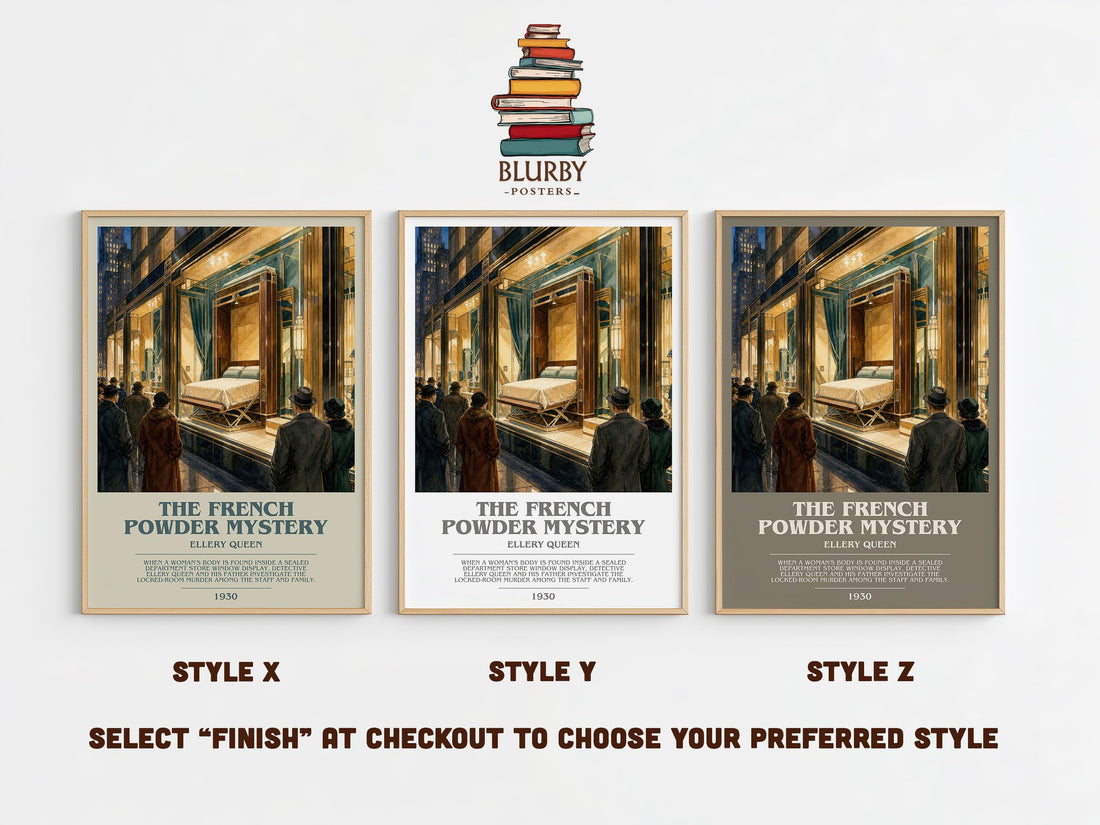 The French Powder Mystery bookish print in frame leaning in hallway – mystery wall art (mockup)