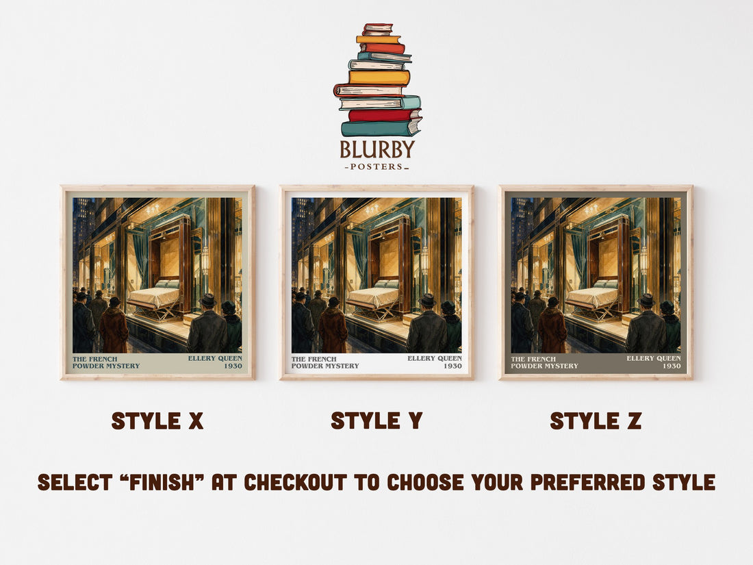 The French Powder Mystery literary print in frame leaning in hallway – mystery wall art (mockup)