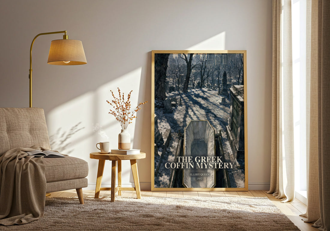 The Greek Coffin Mystery watercolour print in frame leaning in hallway – mystery wall art (mockup)