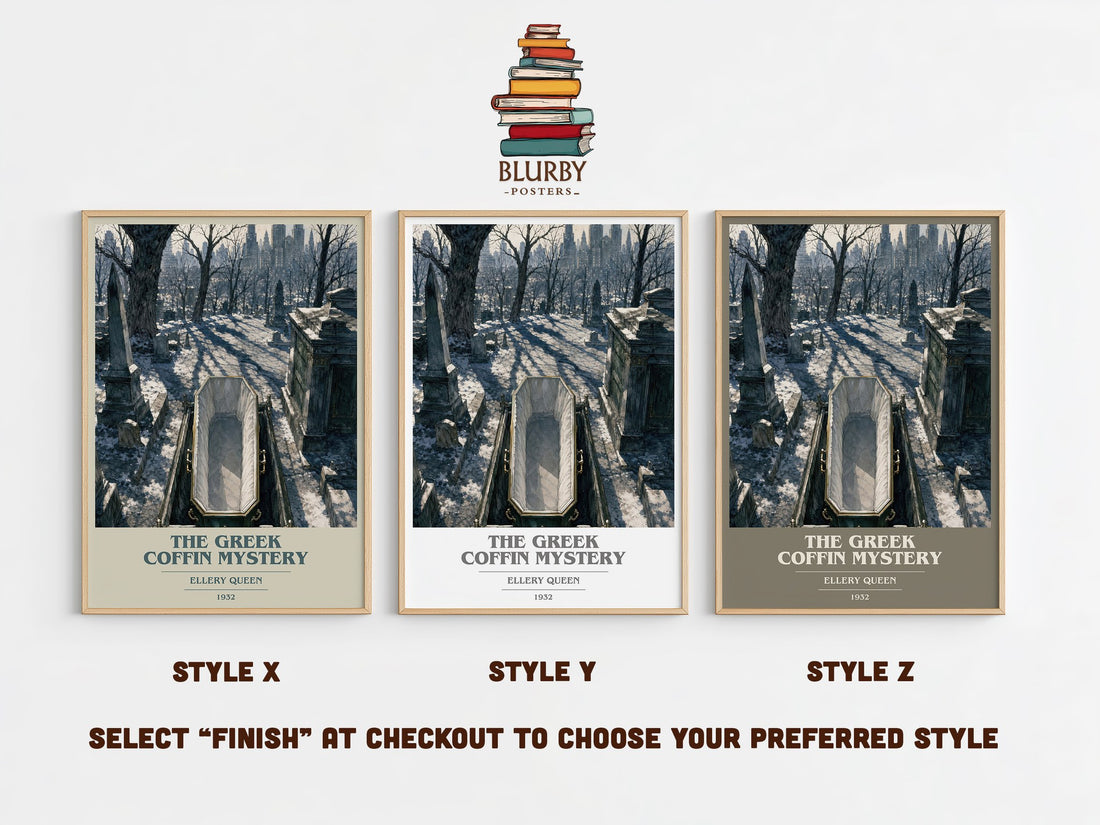The Greek Coffin Mystery book cover print in frame leaning in hallway – mystery wall art (mockup)