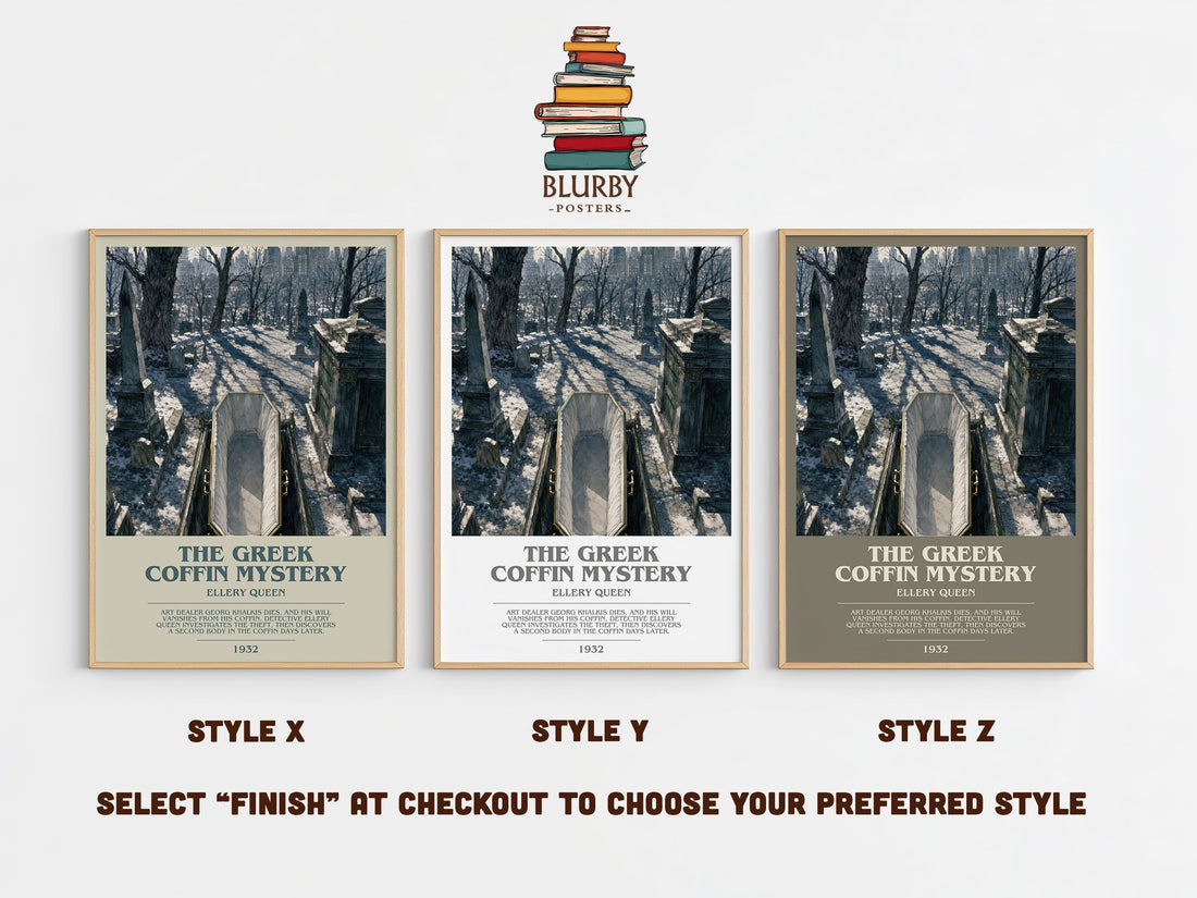 The Greek Coffin Mystery bookish print in frame leaning in hallway – mystery wall art (mockup)