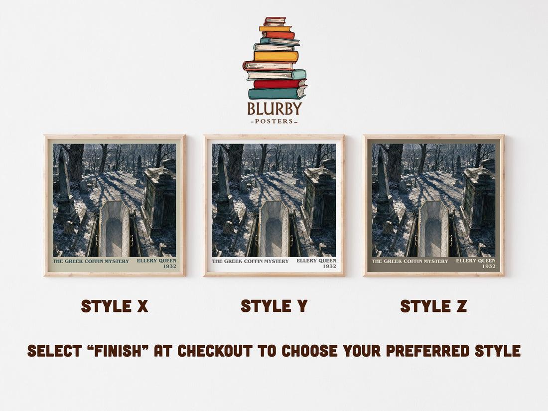 The Greek Coffin Mystery literary print in frame leaning in hallway – mystery wall art (mockup)