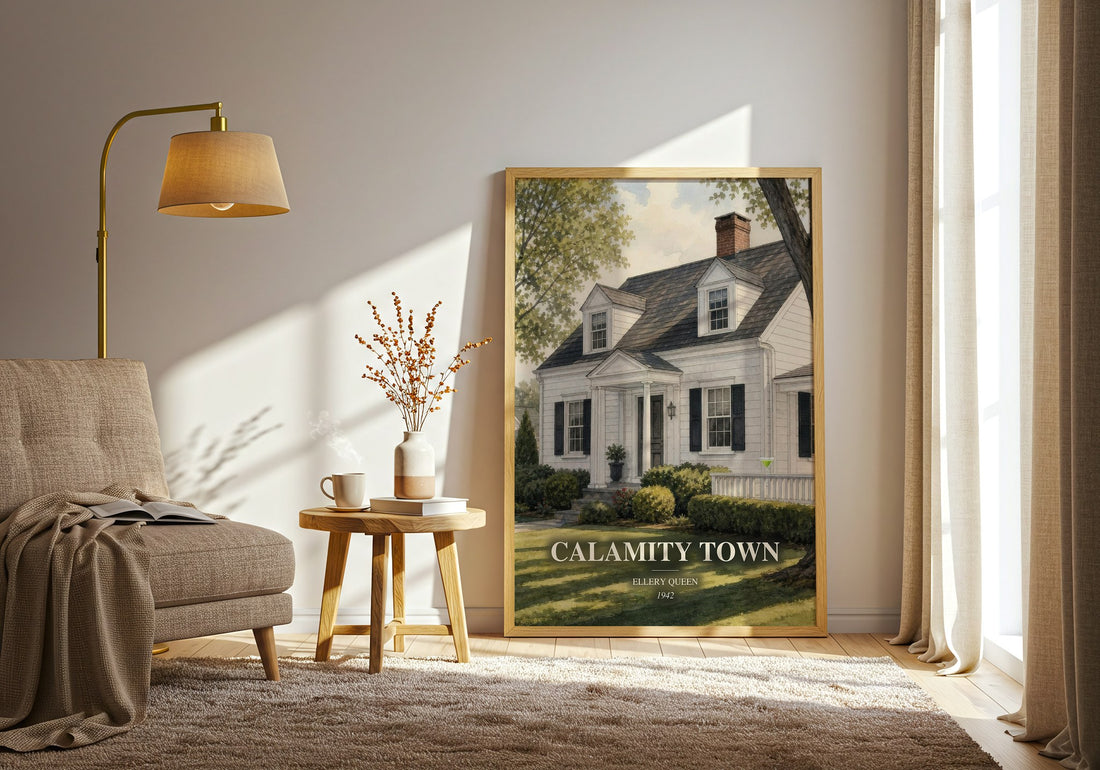 Calamity Town watercolour print in frame leaning in hallway – mystery wall art (mockup)