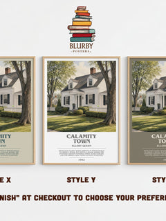 Calamity Town bookish print in frame leaning in hallway – mystery wall art