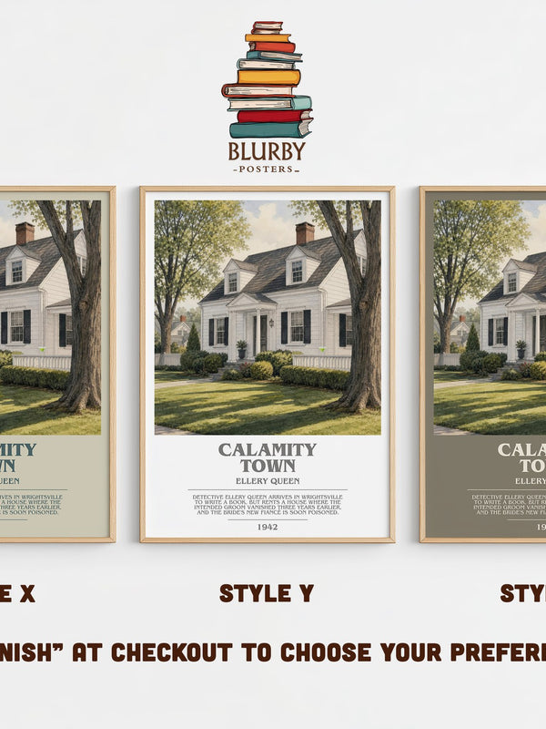 Calamity Town bookish print in frame leaning in hallway – mystery wall art