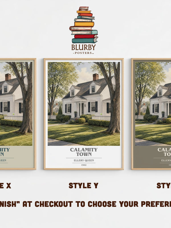 Calamity Town book cover print in frame leaning in hallway – mystery wall art