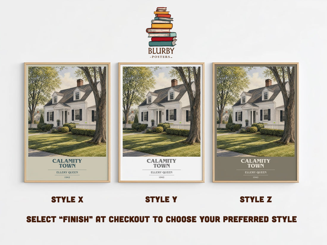 Calamity Town book cover print in frame leaning in hallway – mystery wall art (mockup)