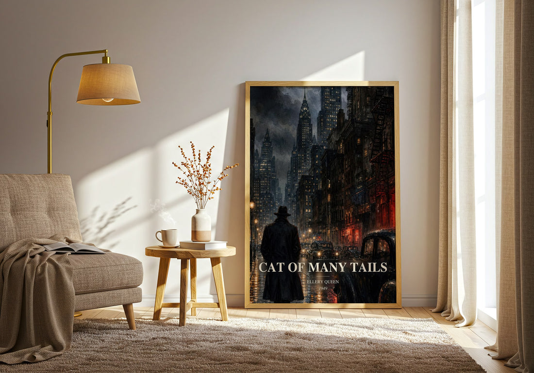 Cat of Many Tails watercolour print in frame leaning in hallway – mystery wall art (mockup)