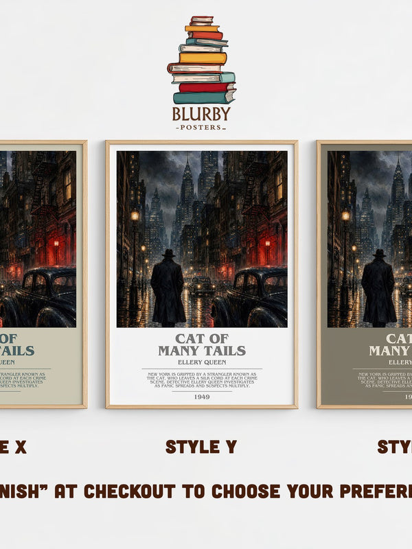 Cat of Many Tails bookish print in frame leaning in hallway – mystery wall art