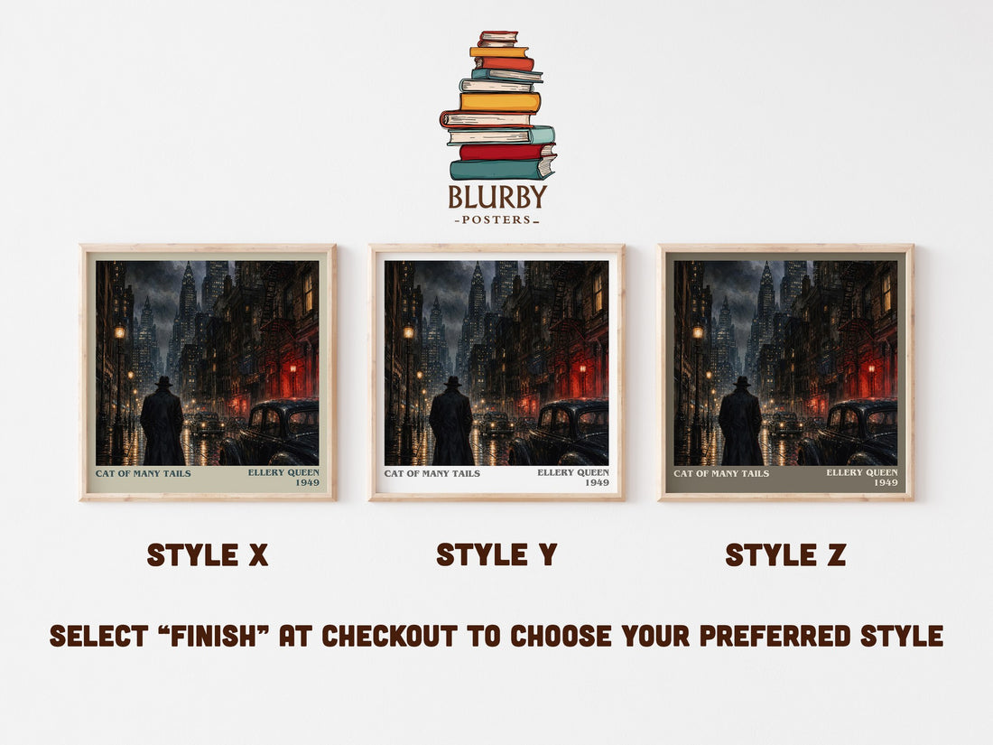 Cat of Many Tails literary print in frame leaning in hallway – mystery wall art (mockup)