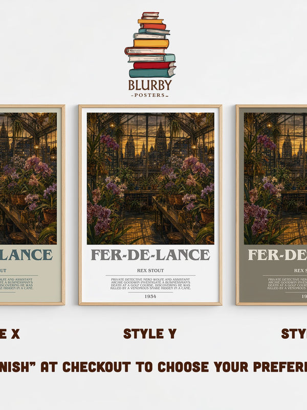 Fer-de-Lance bookish print in frame leaning in hallway – mystery wall art