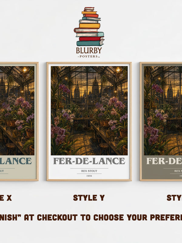 Fer-de-Lance book cover print in frame leaning in hallway – mystery wall art