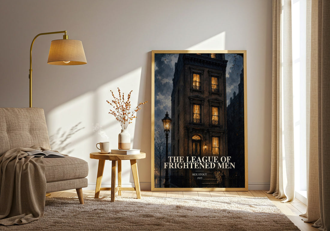 The League of Frightened Men watercolour print in frame leaning in hallway – mystery wall art (mockup)
