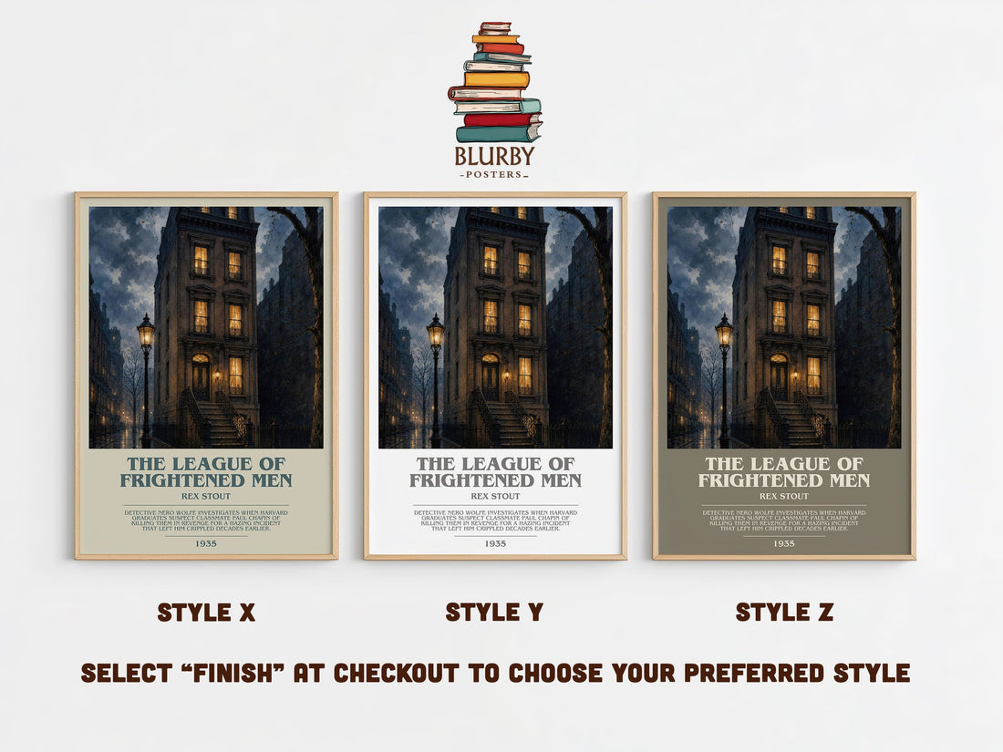 The League of Frightened Men bookish print in frame leaning in hallway – mystery wall art (mockup)