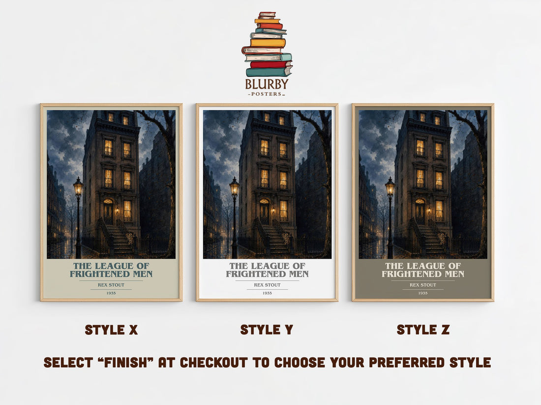 The League of Frightened Men book cover print in frame leaning in hallway – mystery wall art (mockup)