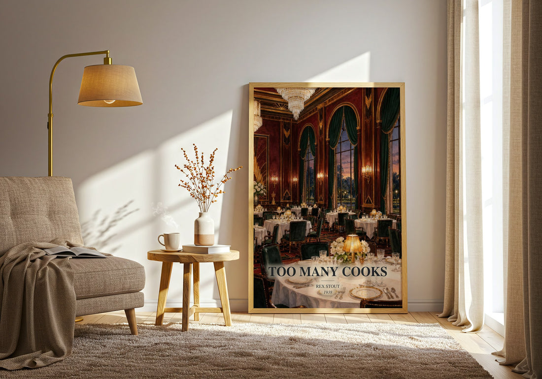 Too Many Cooks watercolour print in frame leaning in hallway – mystery wall art (mockup)