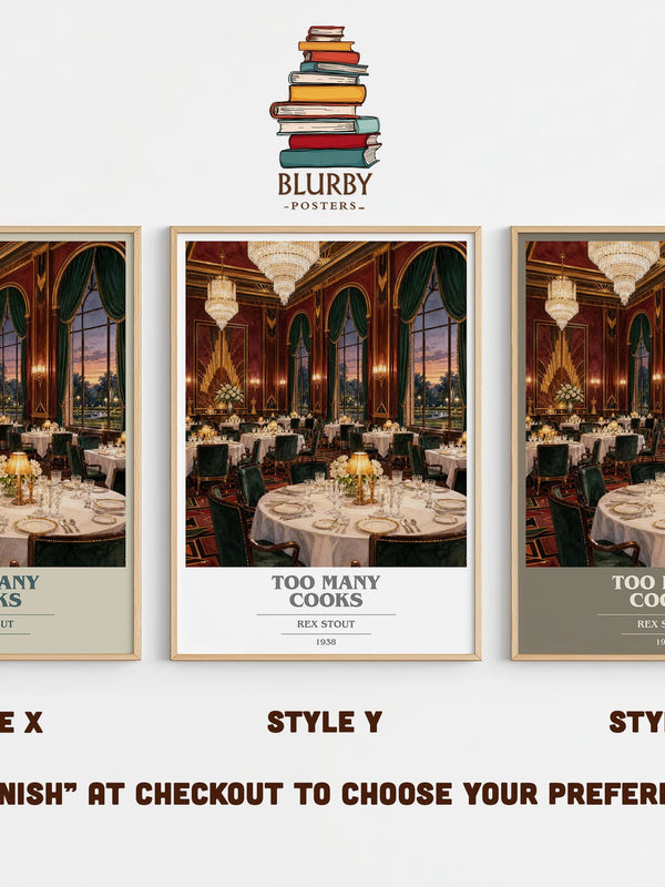 Too Many Cooks book cover print in frame leaning in hallway – mystery wall art