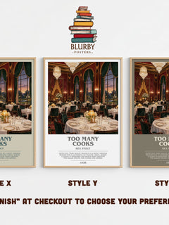 Too Many Cooks bookish print in frame leaning in hallway – mystery wall art