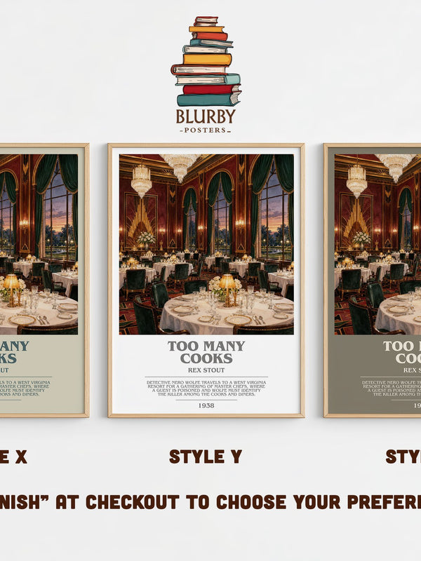 Too Many Cooks bookish print in frame leaning in hallway – mystery wall art