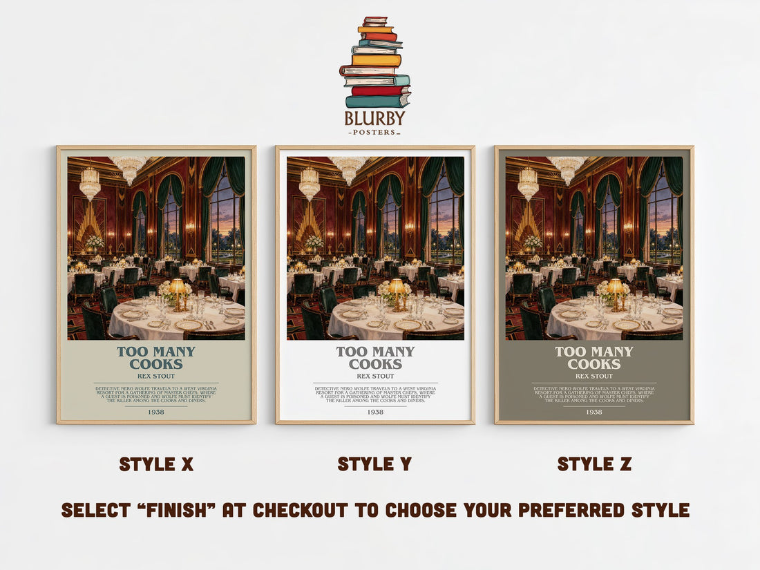 Too Many Cooks bookish print in frame leaning in hallway – mystery wall art (mockup)