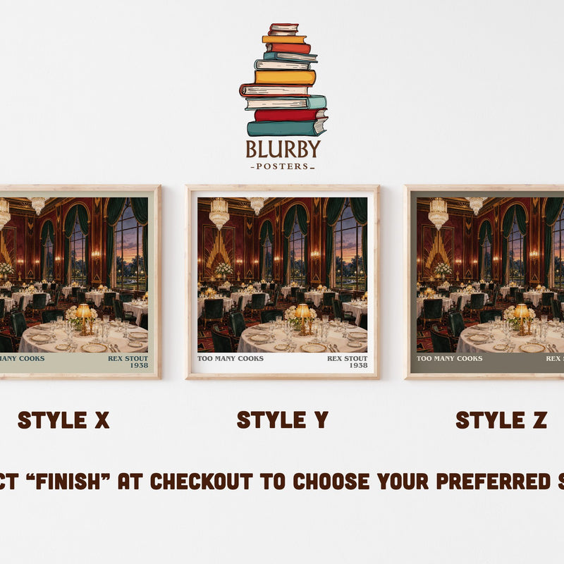 Too Many Cooks literary print in frame leaning in hallway – mystery wall art