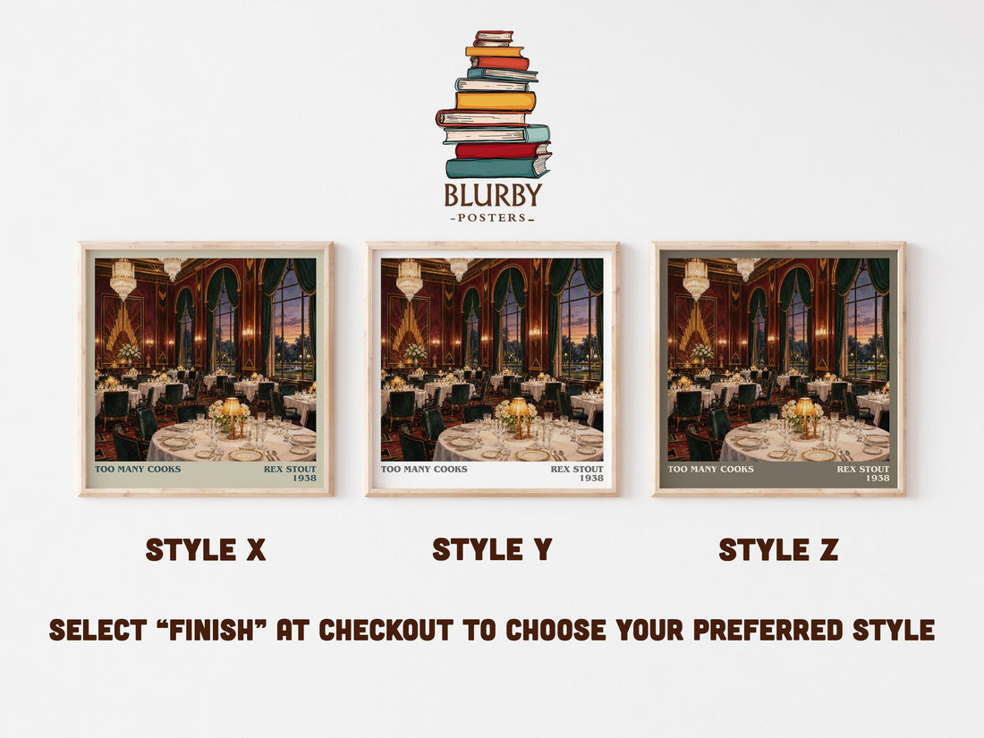 Too Many Cooks literary print in frame leaning in hallway – mystery wall art (mockup)