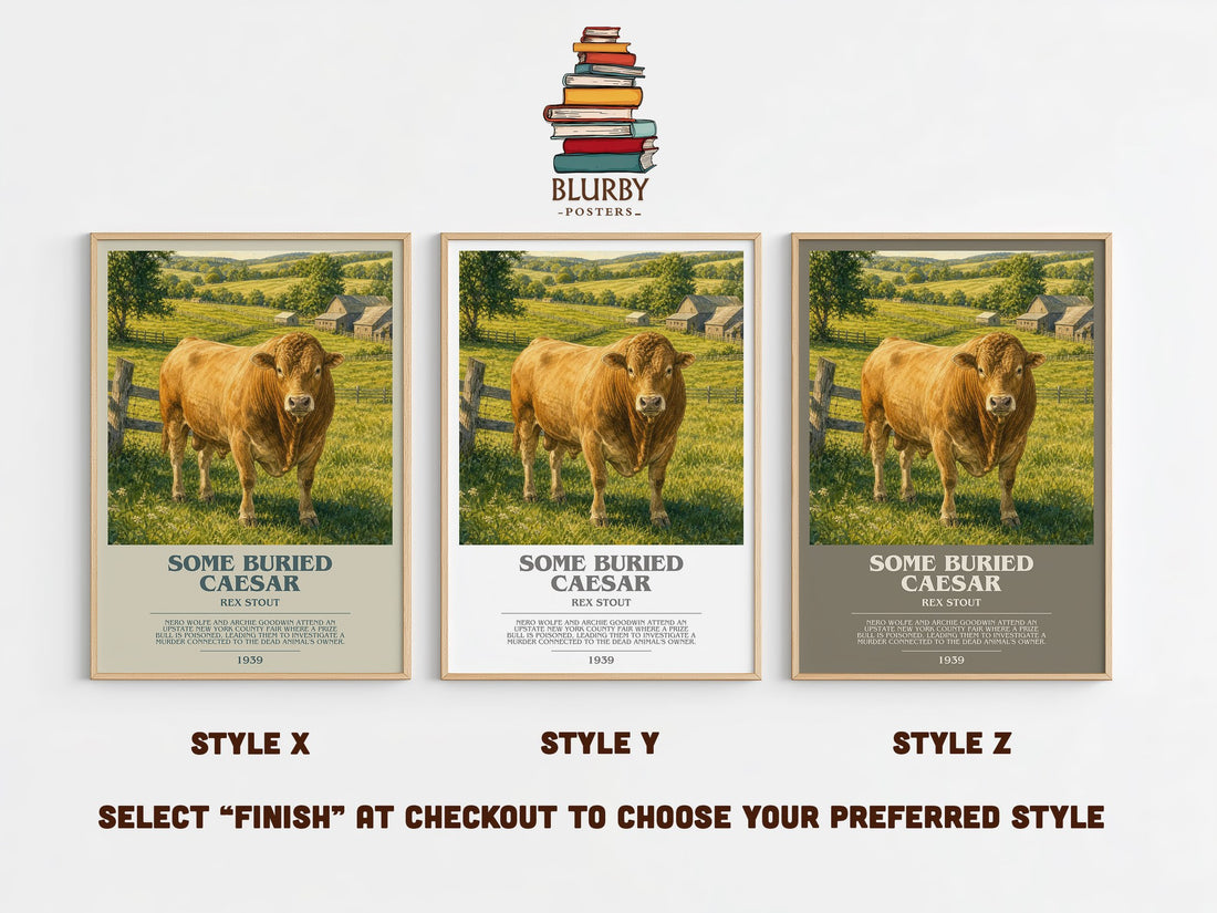 Some Buried Caesar bookish print in frame leaning in hallway – mystery wall art (mockup)