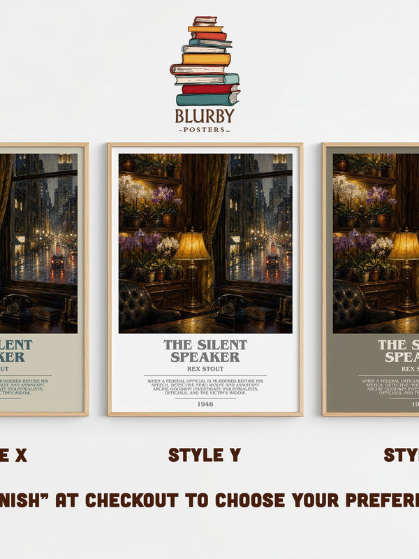 The Silent Speaker bookish print in frame leaning in hallway – mystery wall art