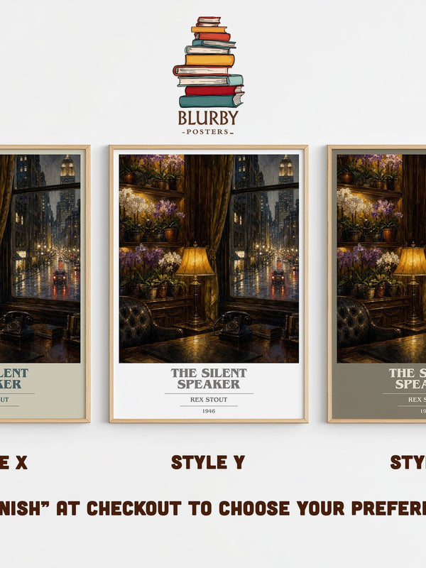 The Silent Speaker book cover print in frame leaning in hallway – mystery wall art