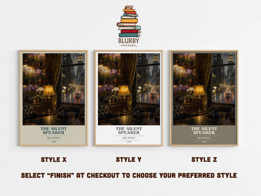 The Silent Speaker book cover print in frame leaning in hallway – mystery wall art (mockup)