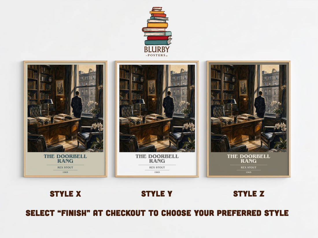 The Doorbell Rang book cover print in frame leaning in hallway – mystery wall art (mockup)