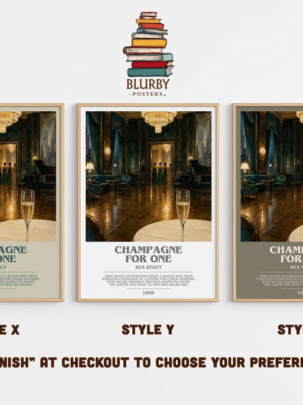 Champagne for One bookish print in frame leaning in hallway – mystery wall art