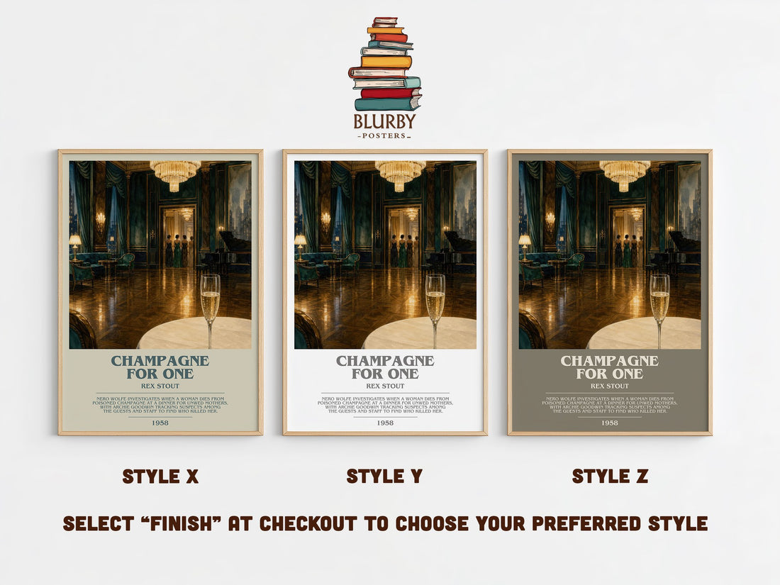 Champagne for One bookish print in frame leaning in hallway – mystery wall art (mockup)