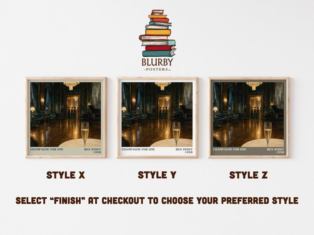 Champagne for One literary print in frame leaning in hallway – mystery wall art (mockup)