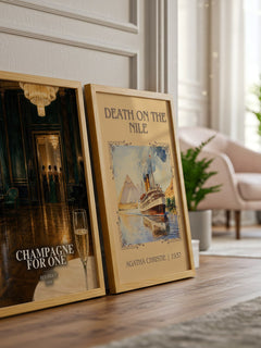 Champagne for One watercolour print framed by window – literary home decor