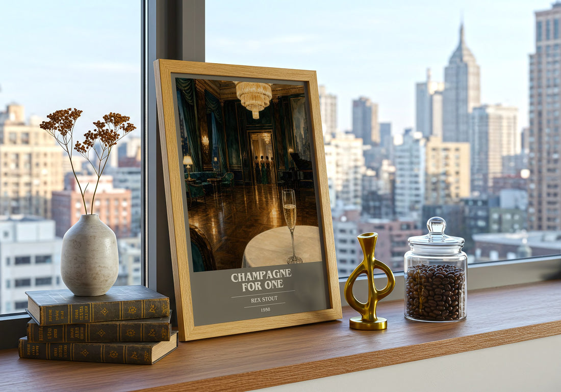 Champagne for One book cover print framed by window – literary home decor