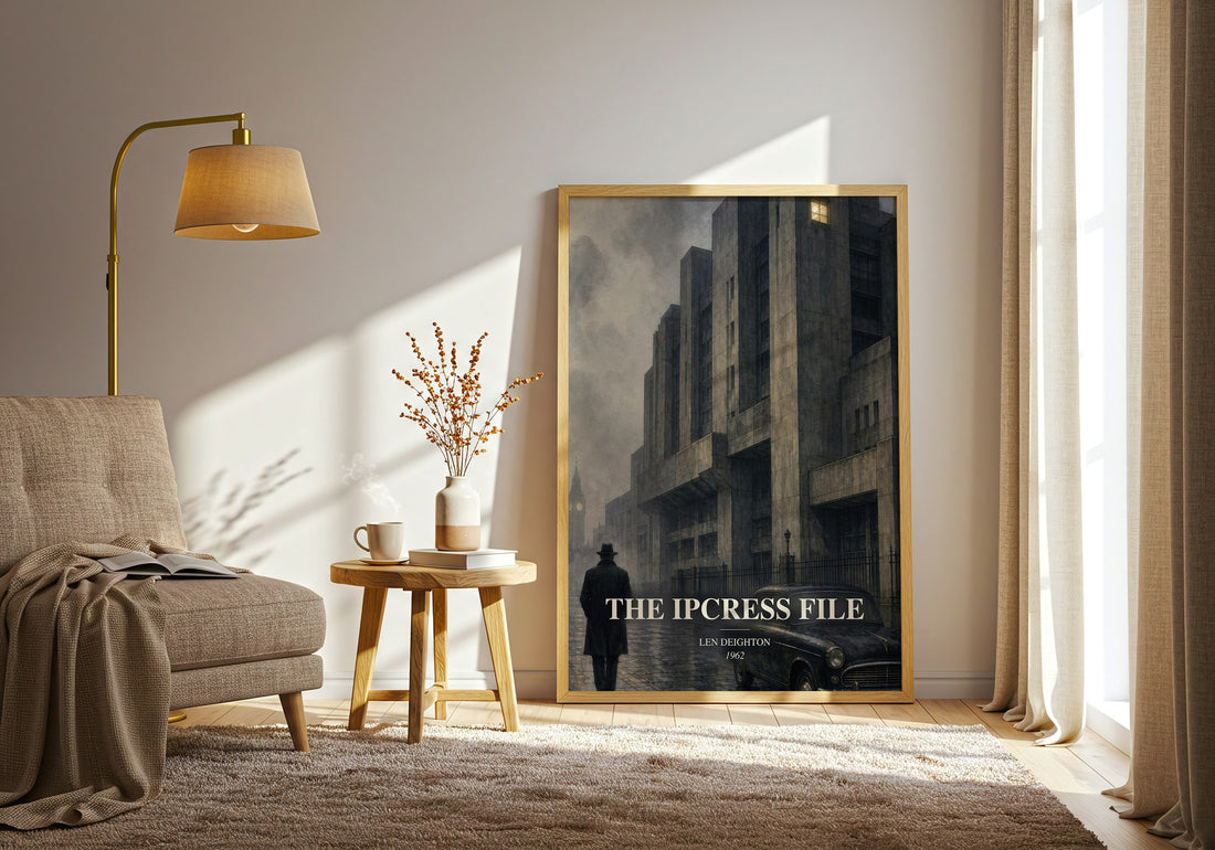 The Ipcress File watercolour print in frame leaning in hallway – thriller wall art (mockup)