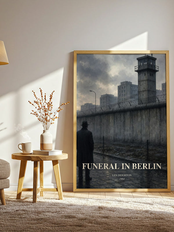 Funeral in Berlin watercolour print in frame leaning in hallway – thriller wall art