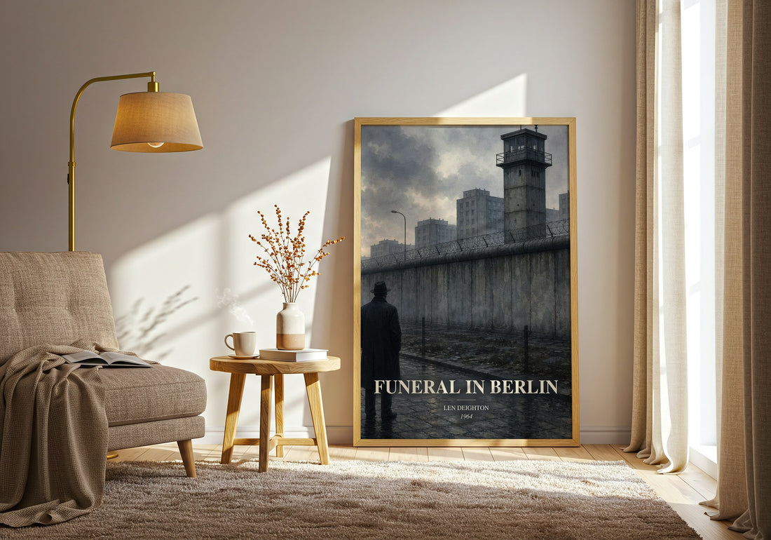 Funeral in Berlin watercolour print in frame leaning in hallway – thriller wall art (mockup)