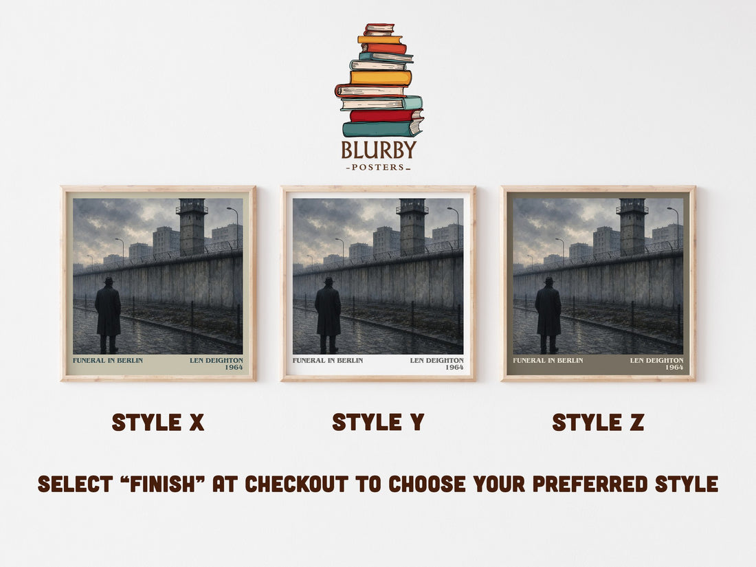 Funeral in Berlin literary print in frame leaning in hallway – thriller wall art (mockup)