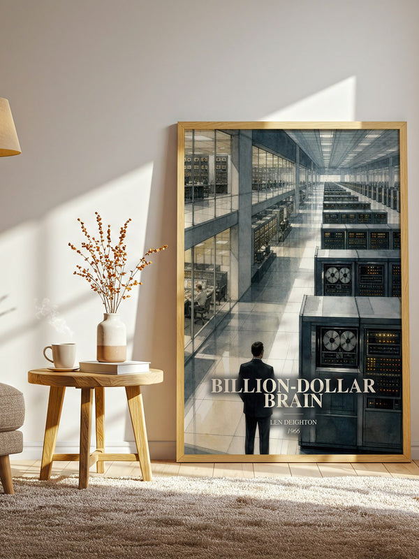Billion-Dollar Brain watercolour print in frame leaning in hallway – thriller wall art