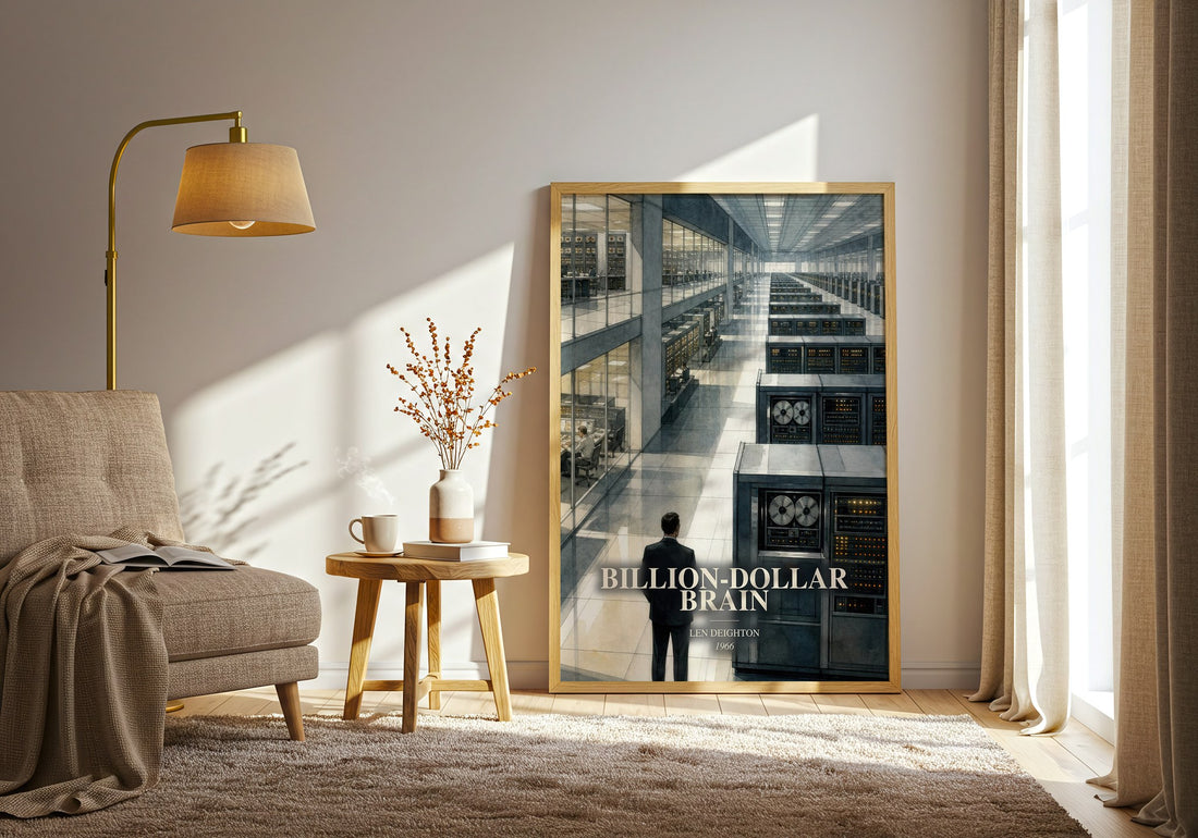 Billion-Dollar Brain watercolour print in frame leaning in hallway – thriller wall art (mockup)