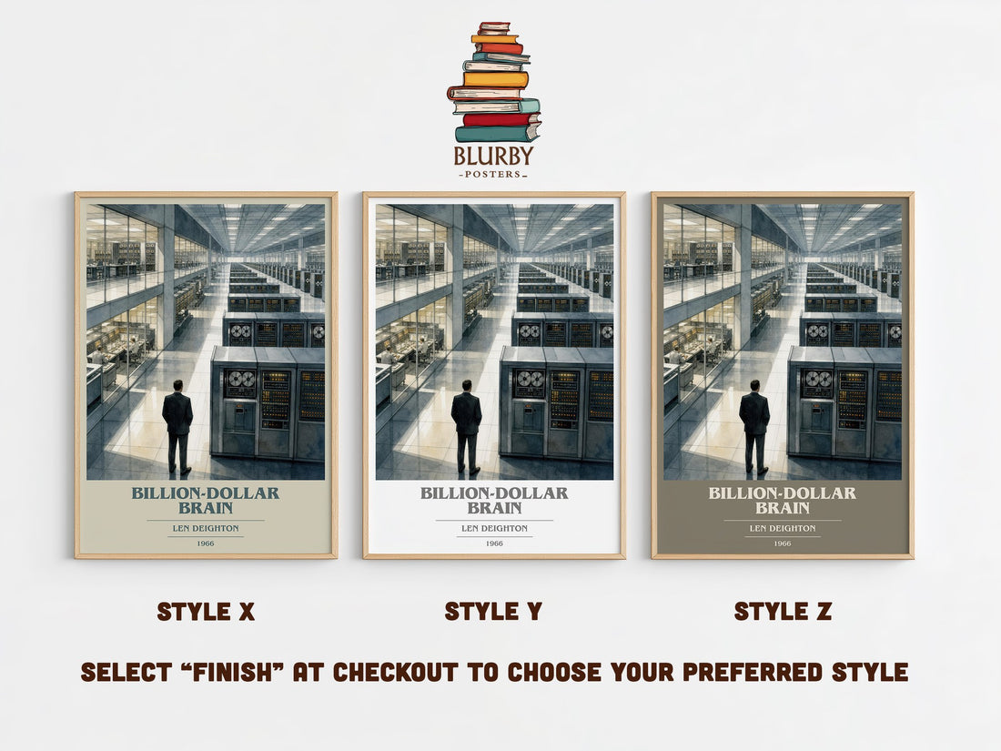 Billion-Dollar Brain book cover print in frame leaning in hallway – thriller wall art (mockup)