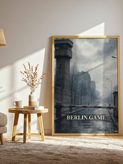 Berlin Game watercolour print in frame leaning in hallway – thriller wall art