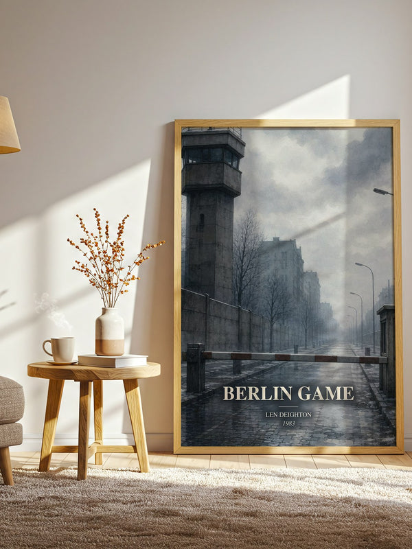 Berlin Game watercolour print in frame leaning in hallway – thriller wall art