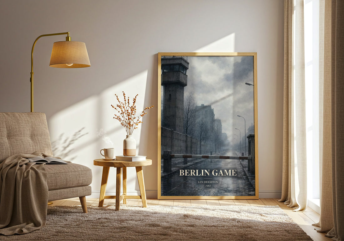 Berlin Game watercolour print in frame leaning in hallway – thriller wall art (mockup)