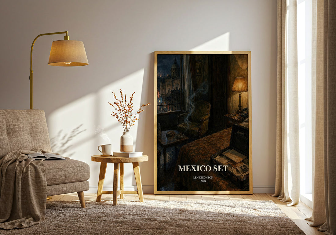Mexico Set watercolour print in frame leaning in hallway – thriller wall art (mockup)