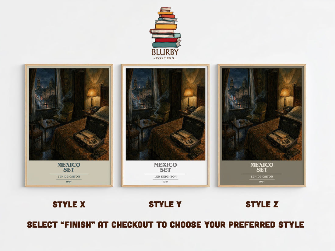 Mexico Set book cover print in frame leaning in hallway – thriller wall art (mockup)
